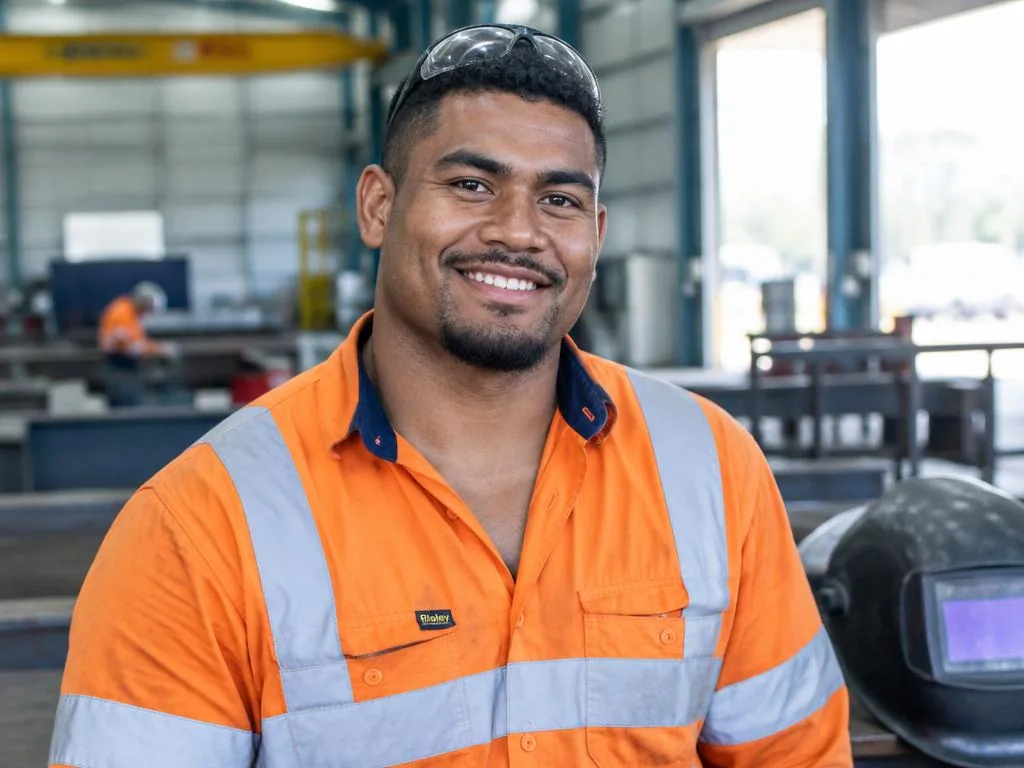 AI-generated fictional Fijian welder smiling in orange hi-vis work shirt in a fabrication workshop