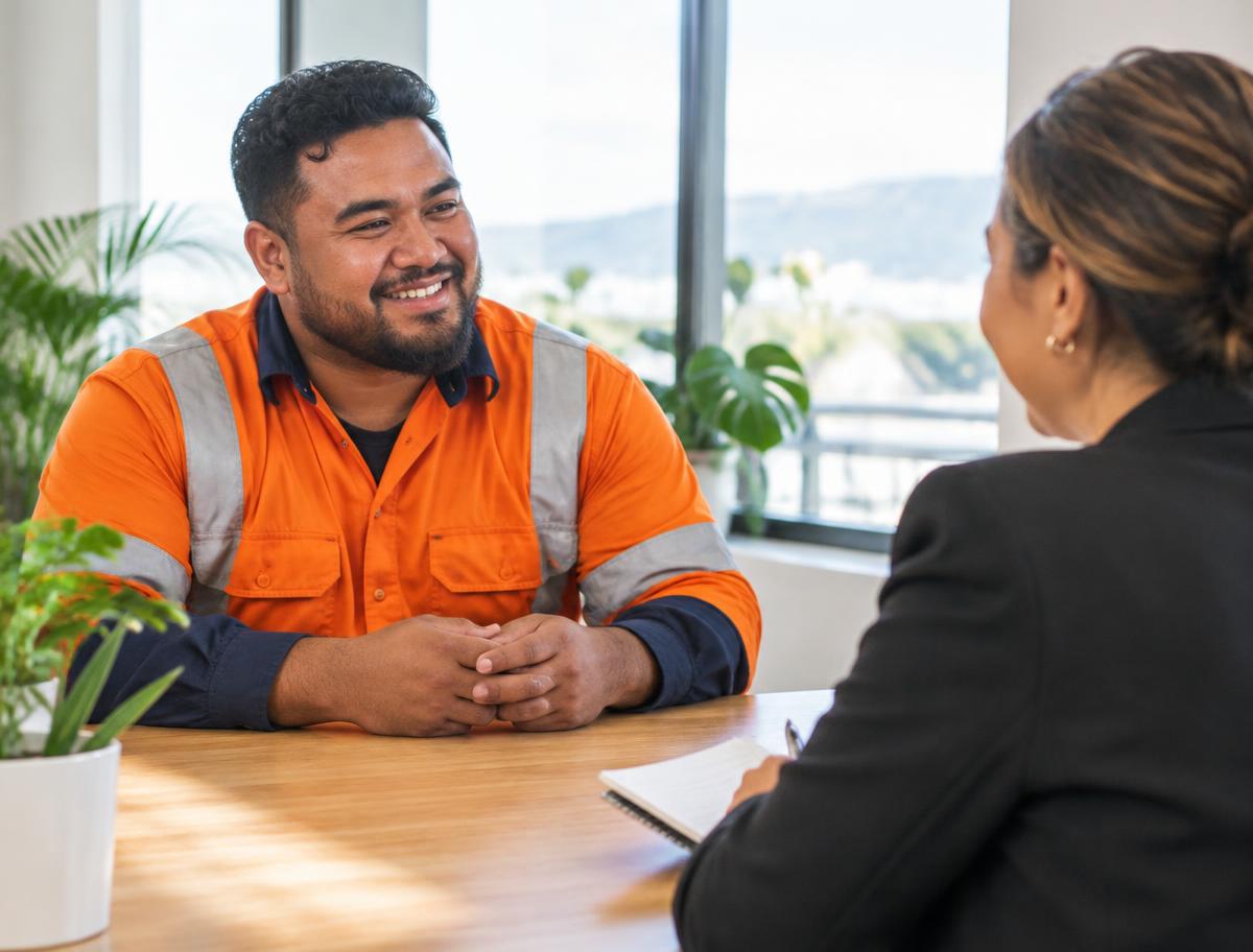 A Pacific worker in high-visibility workwear talking with an employer across a desk